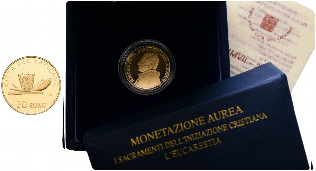 PEUS 5922 Vatikan 5,5 g Feingold. Die Eucharistie incl. Etui, Zertifikat und Verpackung 20 Euro GOLD 2007 Proof (in Kapsel)