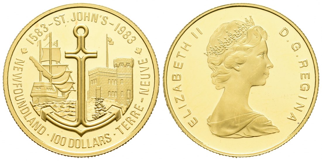 PEUS 5933 Kanada 15,56 g Feingold. Elisabeth II. / 400 Jahre St. John's Neufundland 100 Dollars / 1/2 Unze GOLD o.J. (1983) Impaired Proof
