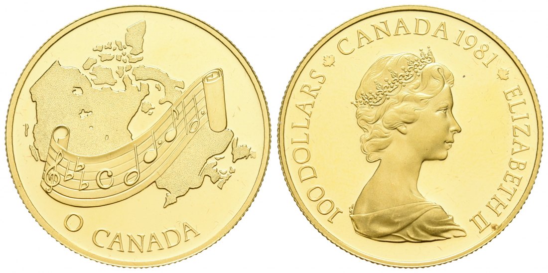 PEUS 5935 Kanada 15,56 g Feingold. Elisabeth II. / Nationalhymne 100 Dollars / 1/2 Unze GOLD o.J. (1981) Impaired Proof