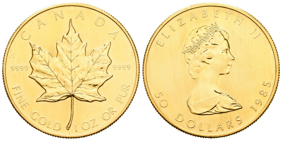 PEUS 5941 Kanada 31,1 g Feingold. Maple Leaf 50 Dollars GOLD Unze 1985 Kl. Kratzer, Vorzüglich