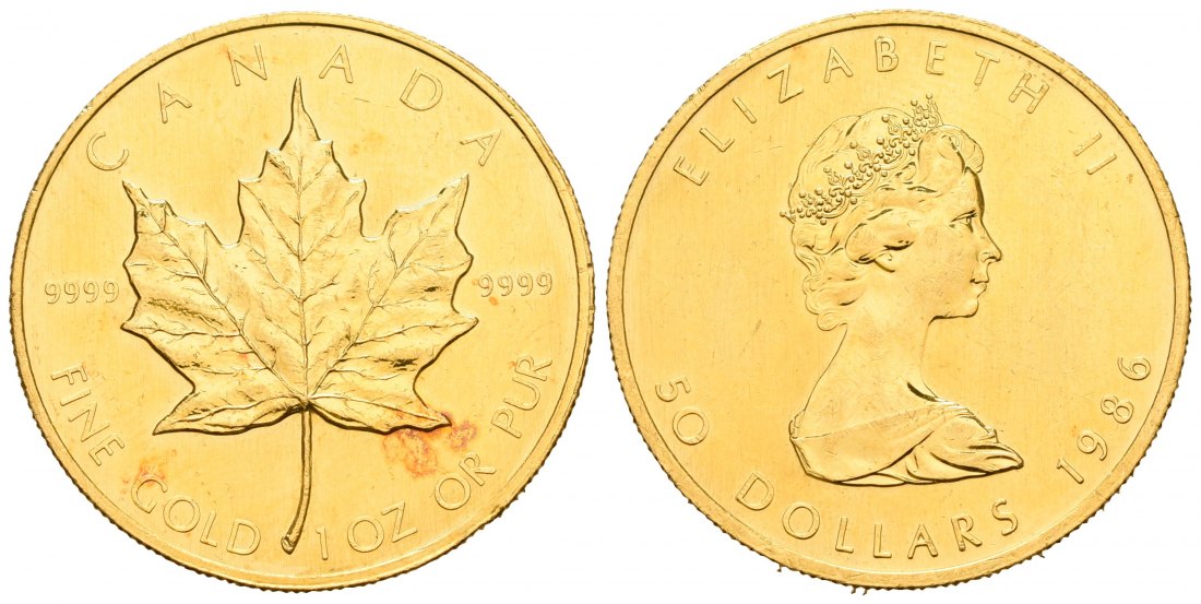 PEUS 5942 Kanada 31,1 g Feingold. Maple Leaf 50 Dollars GOLD Unze 1986 Kl. Kratzer, fast Vorzüglich