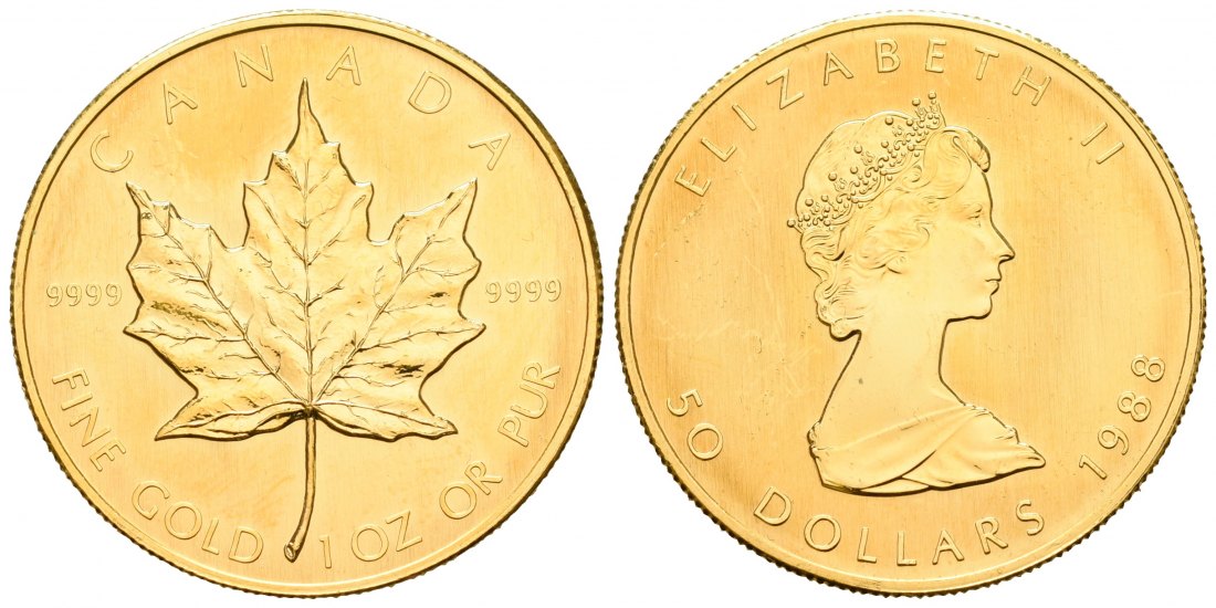 PEUS 5943 Kanada 31,1 g Feingold. Maple Leaf 50 Dollars GOLD Unze 1988 Kl. Kratzer, Vorzüglich
