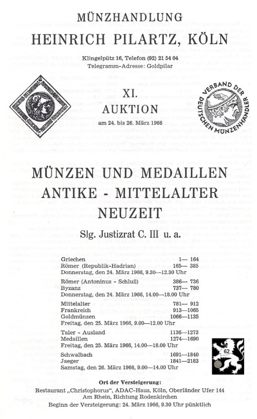  Pilartz (Köln) Auktion 11 (1966) Münzen & Medaillen - Slg Justizrad C. Teil III. / Medaillensammlung   