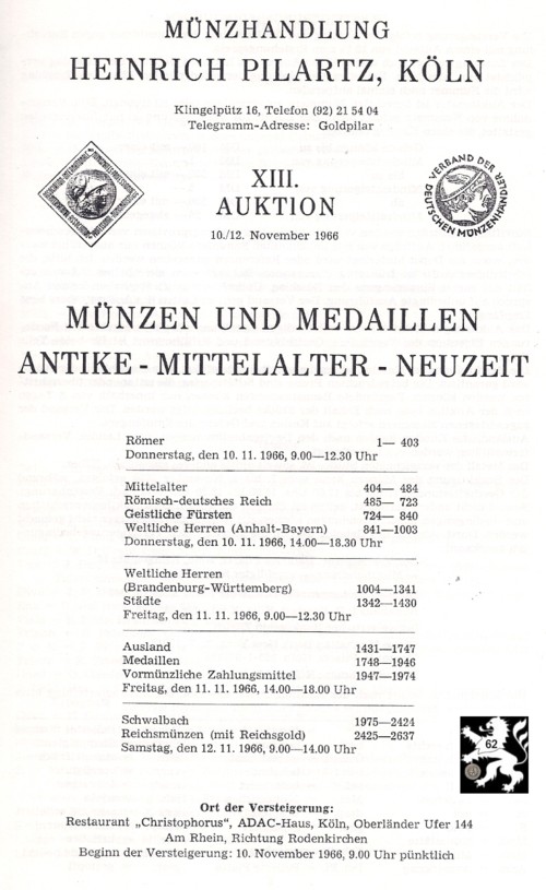 Pilartz (Köln) Auktion 13 (1966) Münzen & Medaillen - Antike ,Mittelalter ,Neuzeit   