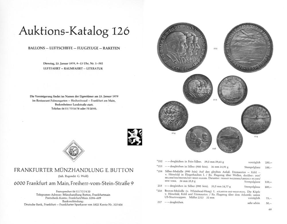  Button (Frankfurt) Auktion 126 (1979) Sammlung Luftfahrt - Raumfahrt  DEFEKT ! Seiten lose !   