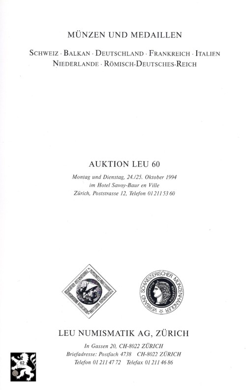  Bank Leu /LHS Numismatik (Zürich) 60 (1994) Schweiz ,Balkan ,Deutschland ,Frankreich ,Italien ua   