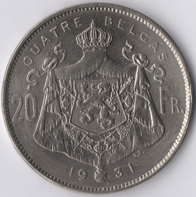  Belgien 20 Francs = 4 Belgas 1931 (N) Albert I. (1918-1934) ROI DES BELGES   