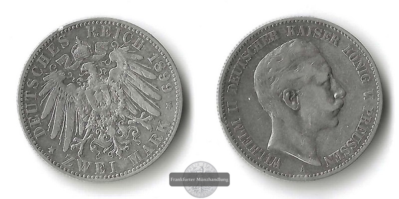  Preussen, Kaiserreich  2 Mark  1899 A  Wilhelm II. FM-Frankfurt Feinsilber: 10g   