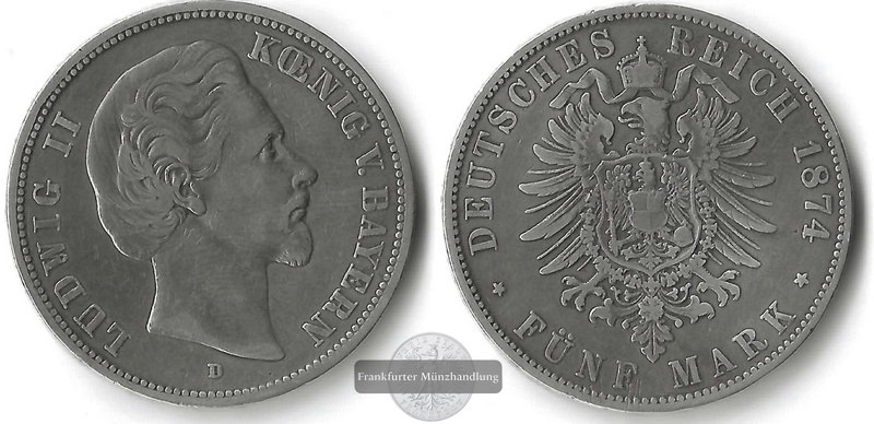  Bayern, Kaiserreich  5 Mark  1874 D  Ludwig II   FM-Frankfurt Feinsilber: 25g   