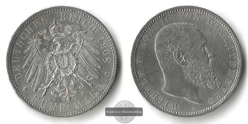  Württemberg, Kaiserreich  5 Mark  1908 F Wilhelm II.  FM-Frankfurt Feinsilber: 25g   