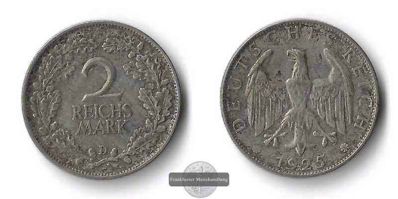  Deutschland, Weimarer Republik 2 Reichsmark  1925 D FM-Frankfurt Feinsilber: 5g   