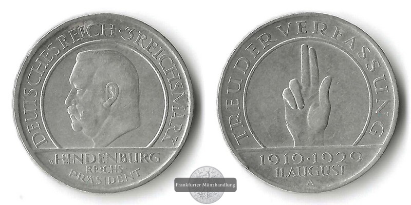  BRD, Weimarer Republik   3 Reichsmark  1929 A  FM-Frankfurt  Feinsilber: 7,5g   