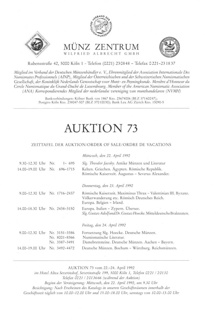  Münzzentrum (Köln) Auktion 73 (1992) Sammlung HOECKE Mitteldeutsche Brakteaten / Slg JACOBY - Antike   