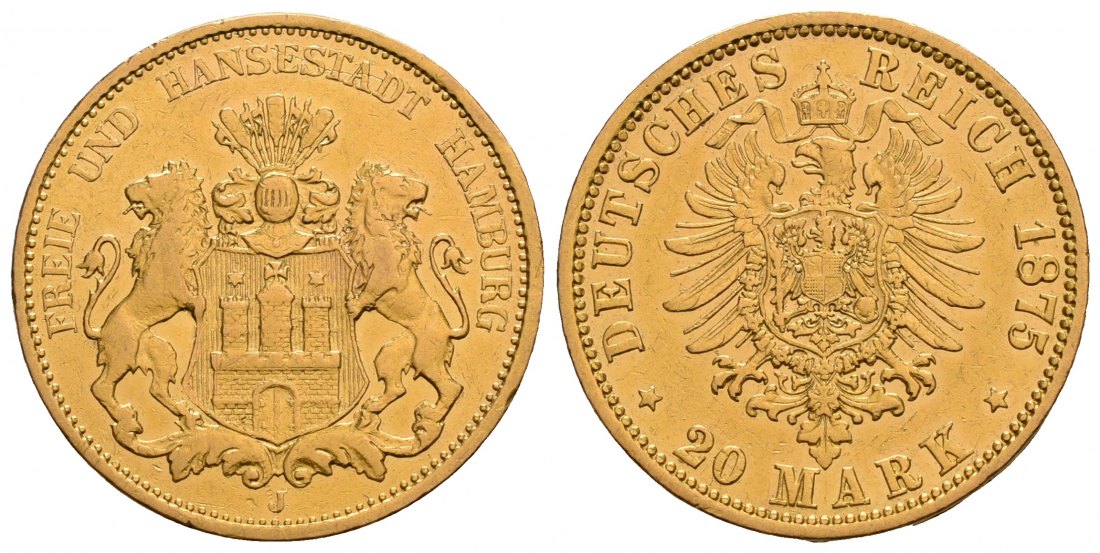 PEUS 6326 Hamburg - Kaiserreich 7,16 g Feingold. Stadtwappen / Kleiner Adler 20 Mark GOLD 1875 J Sehr schön