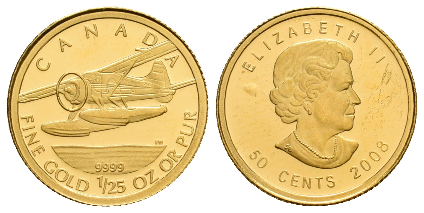 PEUS 6445 Kanada 1,24 g Feingold. Flugzeug de Havilland DHC-2 50 Cents GOLD 1/25 Unze 2008 Impaired Proof / Vorzüglich + aus PP
