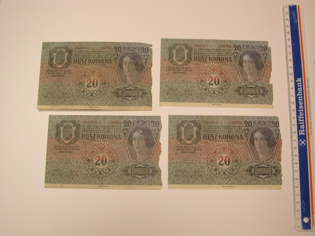 P1  4 x 20 Kronen Scheine Österreich Ungarn 1913 bankfrisch, unsauberer Rand  anschauen   