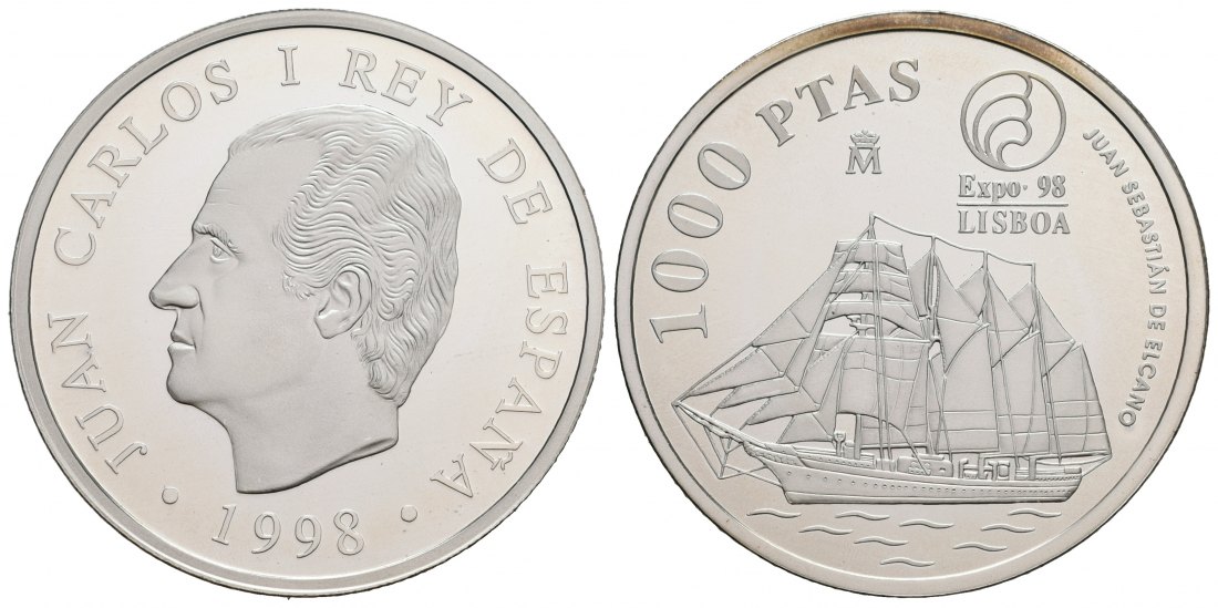 PEUS 6530 Spanien 12,49 g Silber. Expo'98 Lissabon - Segelschiff 1000 Pesetas SILBER 1998 Proof (Kapsel)