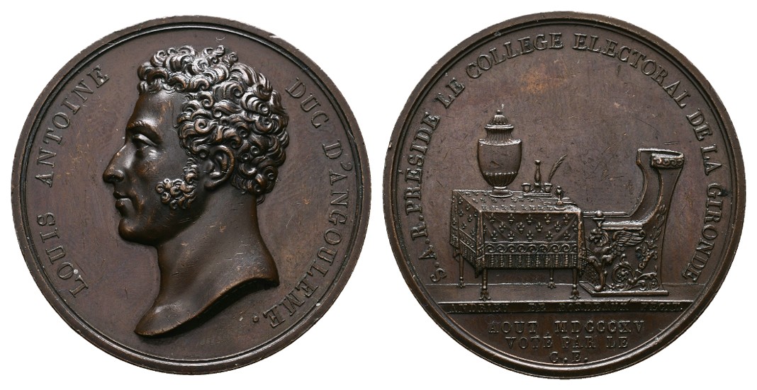  Linnartz FRANKREICH,Bronzemed.1815 (v.Andrieu) Ludwig XIX. Thronfolger, 41mm, 37,53 vz   