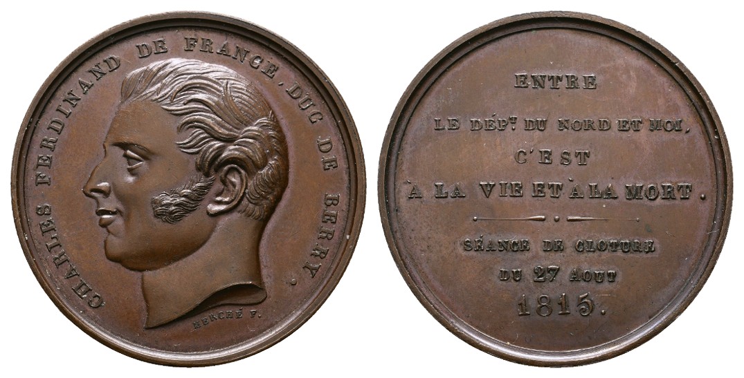  Linnartz FRANKREICH,Bronzemed.1815 (v.Merche) Ferdinand Duc De Berry, 41mm, 37,71gr, vz-st   