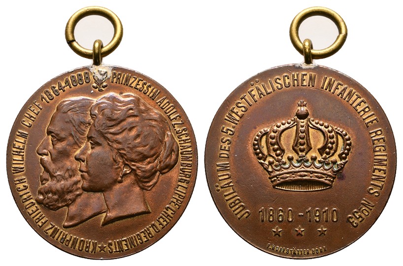 Linnartz SCHAUMB. LIPPE Tragb. Bronzemedaille 1910, 50 Jahrfeier 5. Inf. Regiment, 26,6gr, 39mm, vz-   
