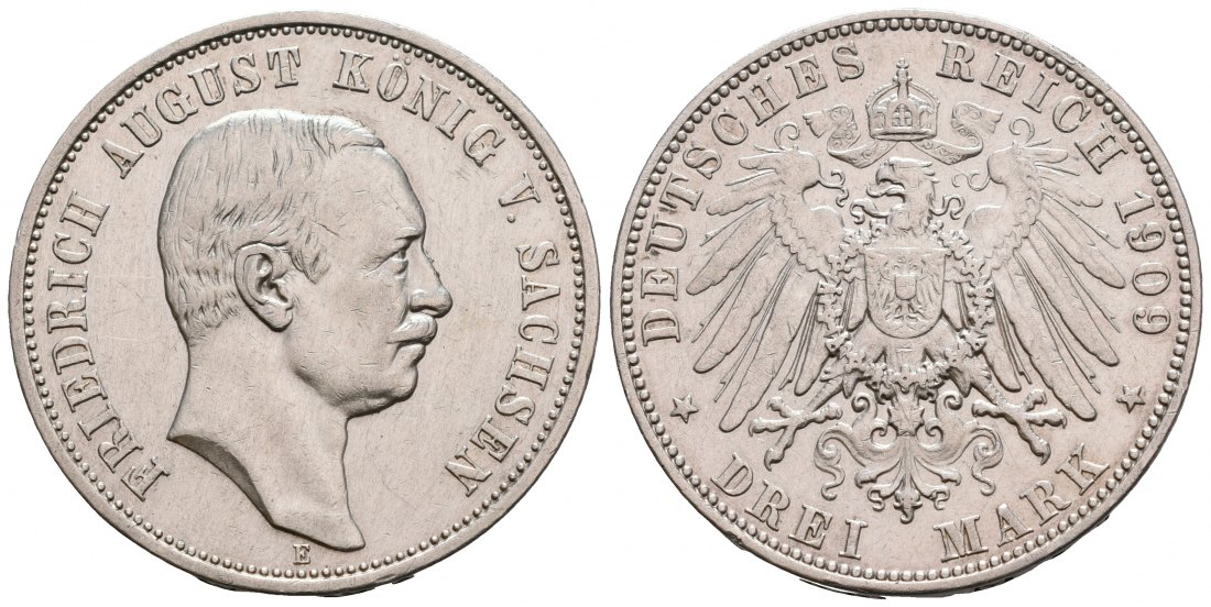 PEUS 6737 Kaiserreich - Sachsen Friedrich August III. (1904 - 1918) 3 Mark 1909 E Kl. Kratzer, fast Vorzüglich