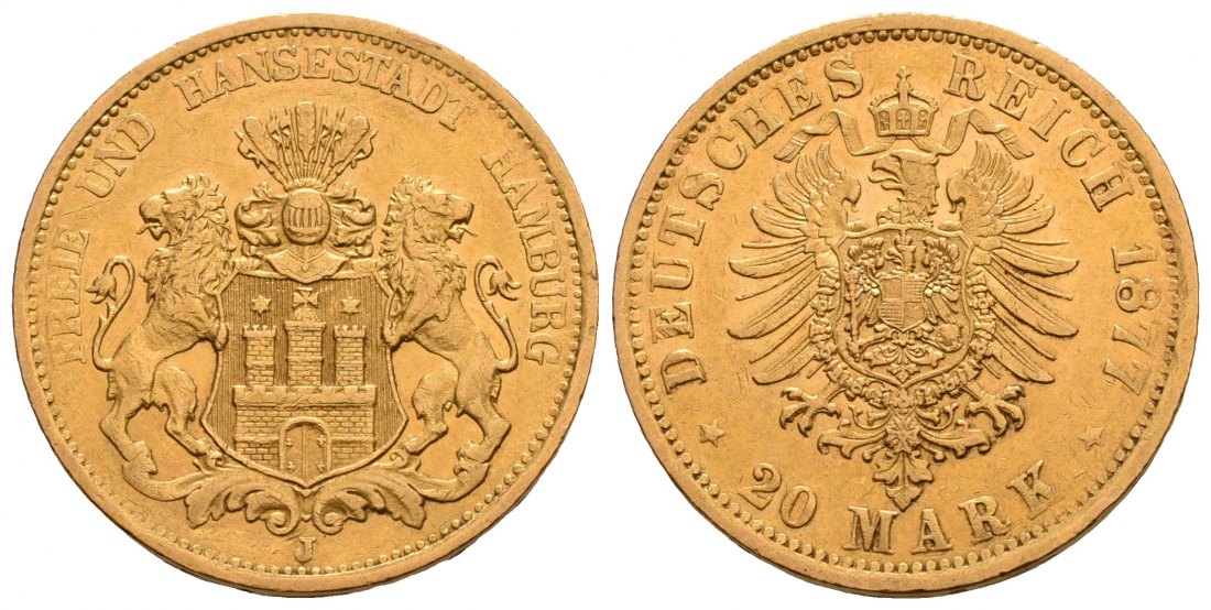 PEUS 6739 Hamburg - Kaiserreich 7,16 g Feingold. Stadtwappen / Kl. Adler 20 Mark GOLD 1877 J Sehr schön
