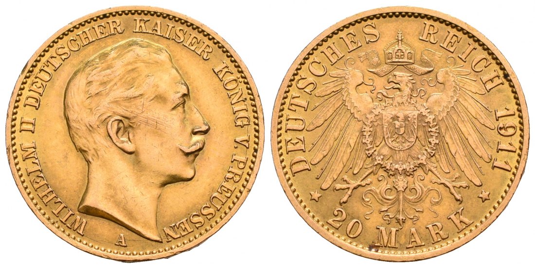 PEUS 6741 Preußen - Kaiserreich 7,16 g Feingold. Wilhelm II. (1888 - 1918) 20 Mark GOLD 1911 A Kl. Kratzer, fast Vorzüglich