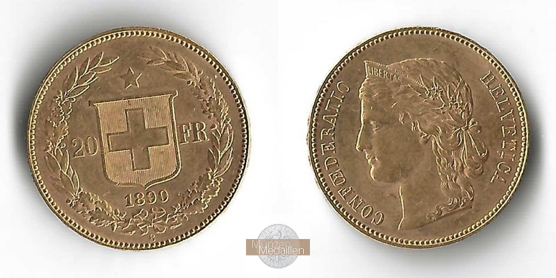 Schweiz  20sFR MM-Frankfurt Feingold: 5,81g Helvetica 1890 B 