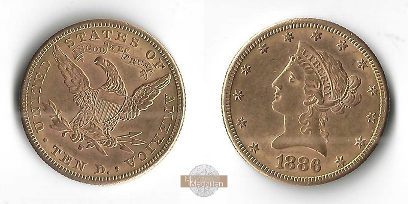 USA  10 Dollar MM-Frankfurt Feingold: 15,05g Eagle - Kopf mit Krone 1886 