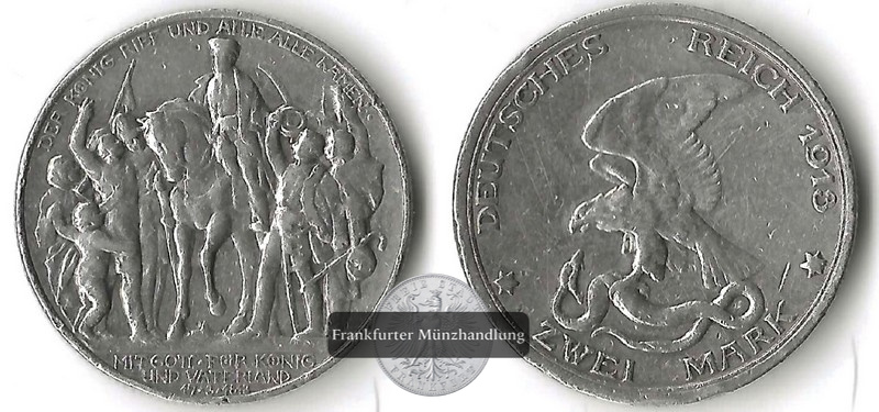  Kaiserreich, Preussen 2 Mark 1913 Befreiungskriege gegen Frankreich  FM-Frankfurt  Feinsilber:10g   