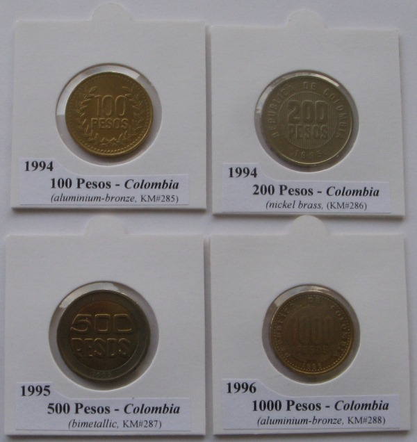  1994-1996, Colombia, a set 4 pcs coins   