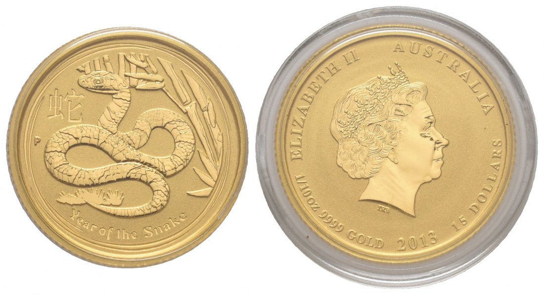 PEUS 6916 Australien 3,11 g Feingold. Jahr der Schlange 15 Dollars GOLD 1/10 Unze 2013 P Uncirculated (in Kapsel)