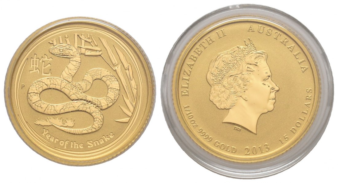 PEUS 6920 Australien 3,11 g Feingold. Jahr der Schlange 15 Dollars GOLD 1/10 Unze 2013 P Uncirculated (in Kapsel)