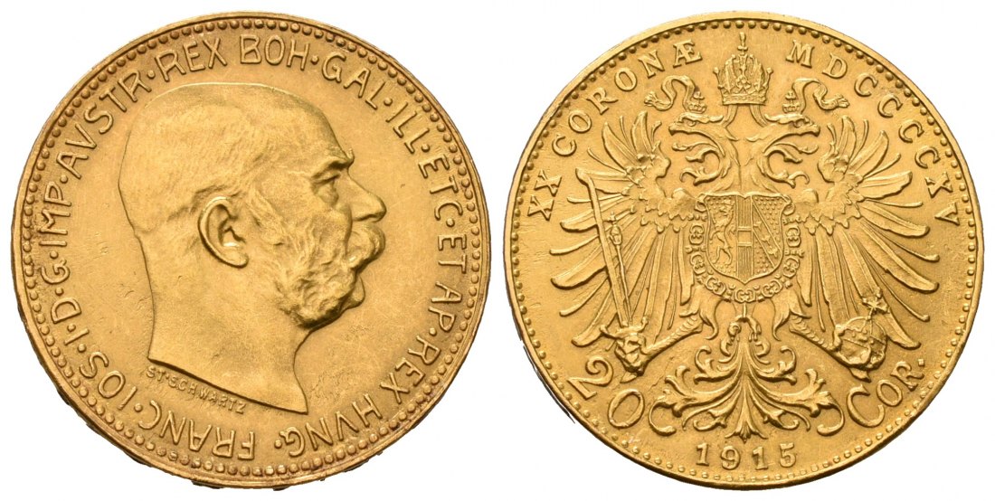 PEUS 7021 Österreich 6,1 g Feingold. Franz Joseph I. (1848 - 1916) 20 Kronen (off.NP) GOLD 1915 Fast Stempelglanz