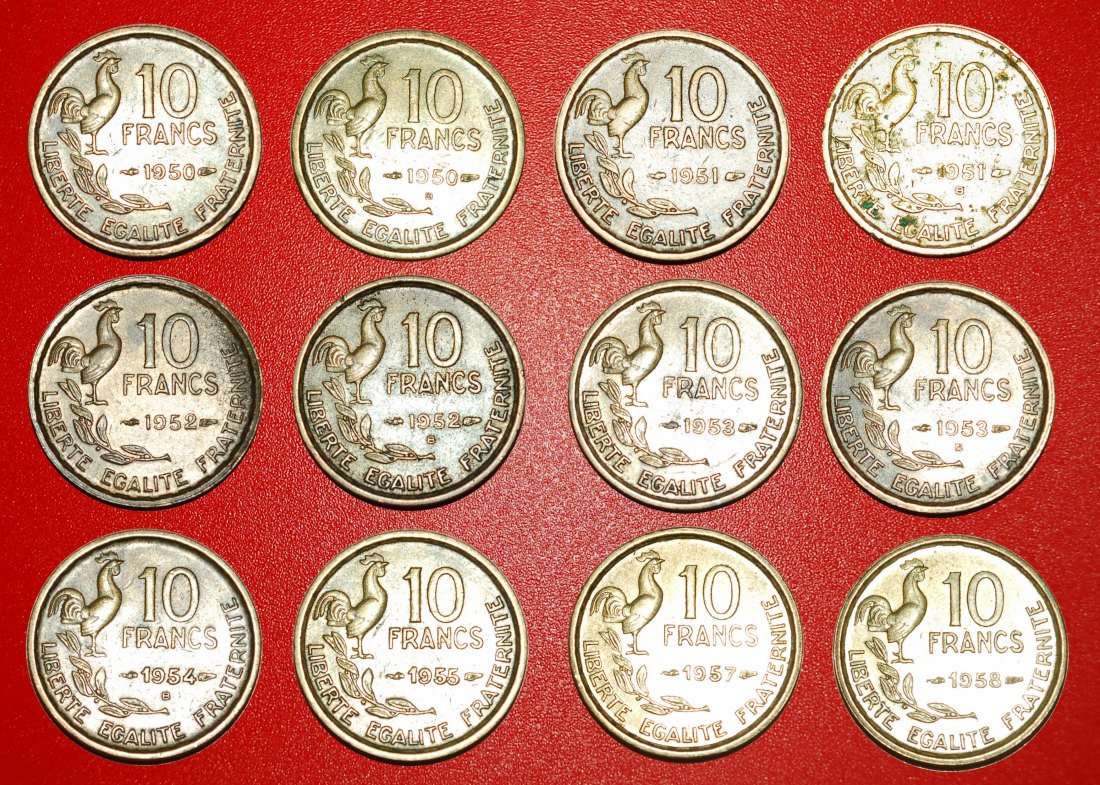  * COCK: FRANCE ★ 10 FRANCS COMPLETE SET 12 COINS 1950-1958! ★LOW START ★ NO RESERVE!   