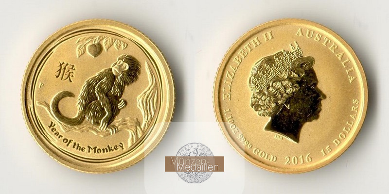 Australien 15 Dollar MM-Frankfurt Feingold: 3,11g Jahr des Affen 2016 