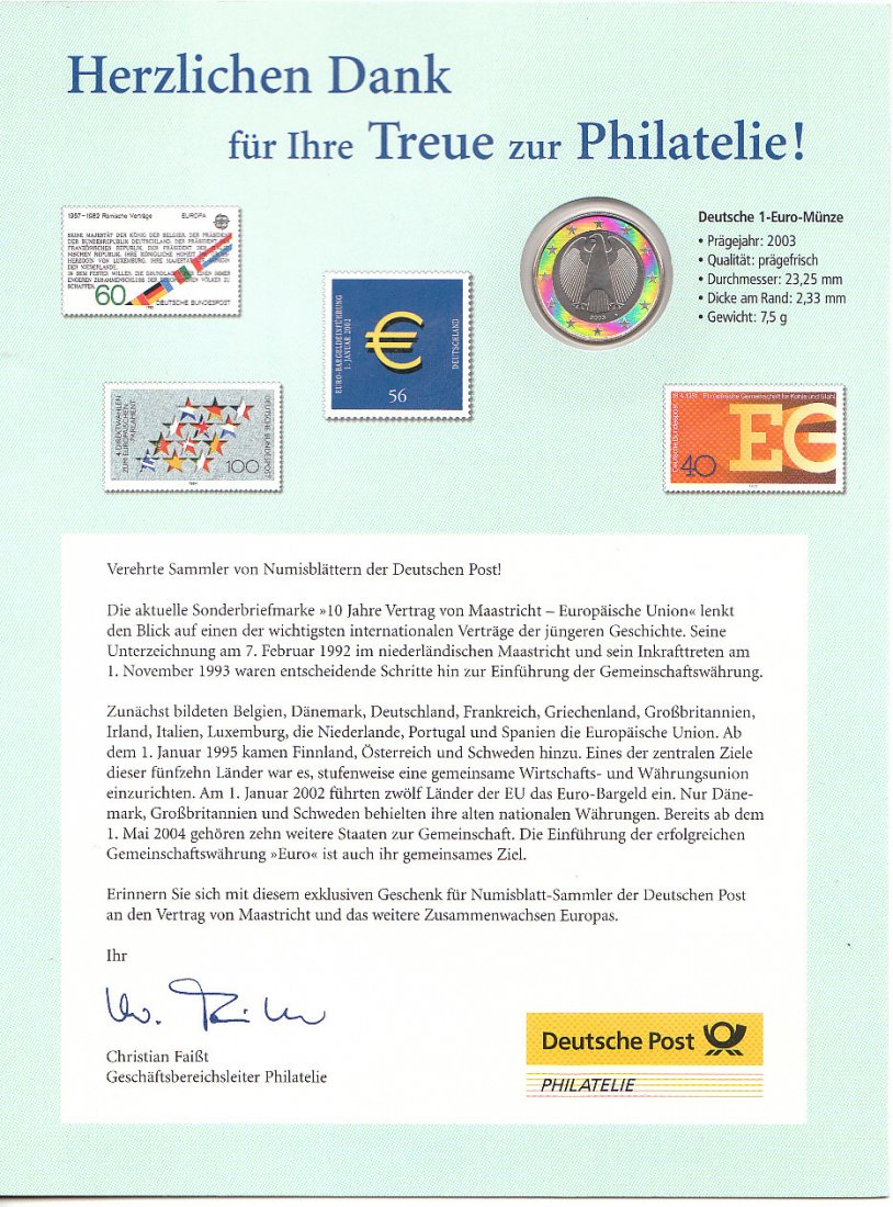  Numisblatt 10 Jahre Vertrag von Maastricht    b.   