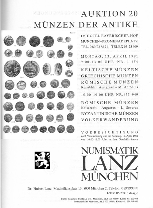  Lanz ( München ) Auktion 20 (1981) ANTIKE - Römische Republik & Kaiserzeit ,Griechen ,Kelten ,Byzanz   