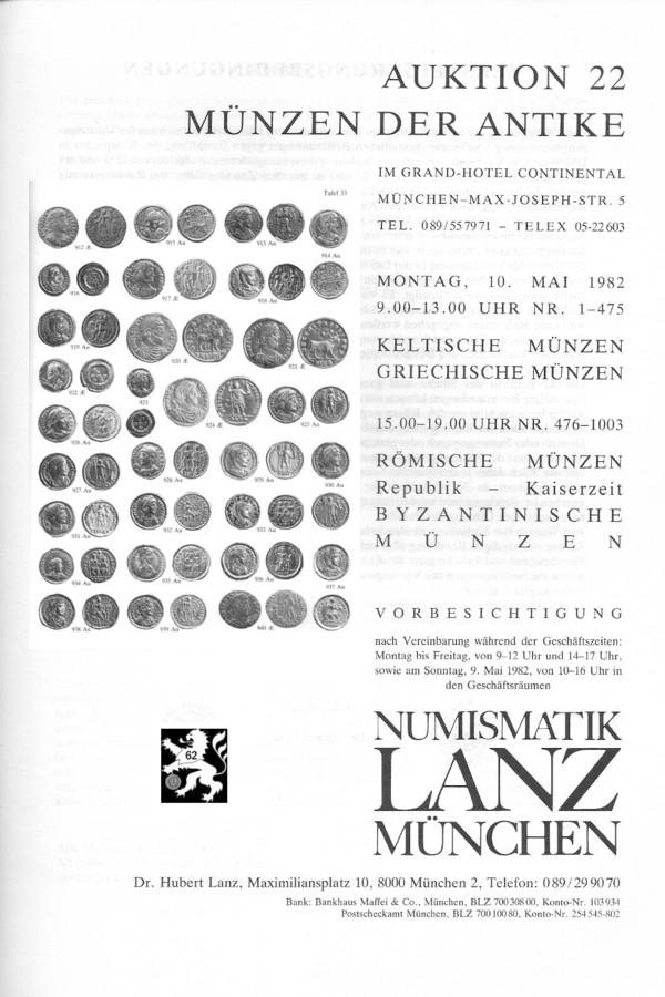  Lanz ( München ) Auktion 22 (1982) ANTIKE - Römische Republik & Kaiserzeit ,Griechen ,Kelten ,Byzanz   