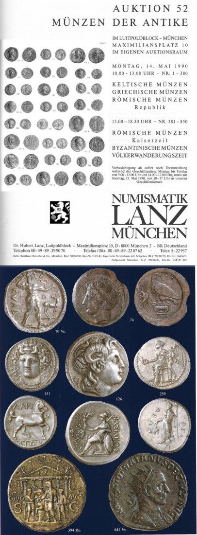  Lanz ( München ) Auktion 52 (1990) ANTIKE - Römische Republik & Kaiserzeit ,Griechen ,Kelten ,Byzanz   