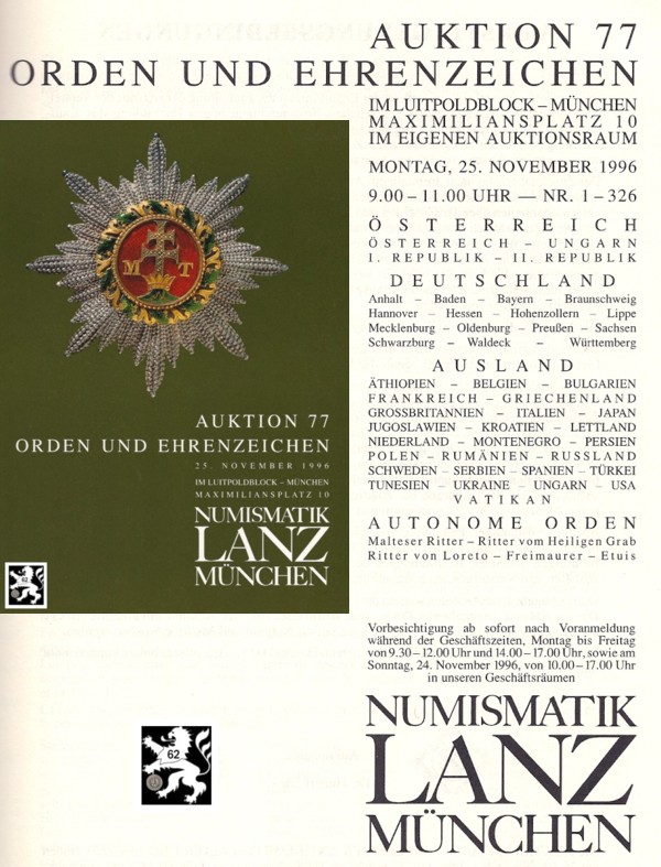  Lanz ( München ) Auktion 77 (1996) Orden und Ehrenzeichen   