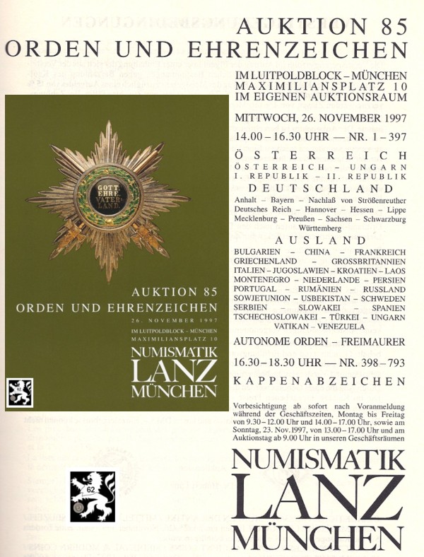  Lanz ( München ) Auktion 85 (1997) Orden und Ehrenzeichen   