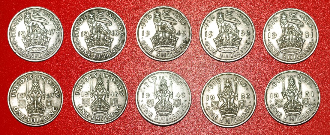  * SET 10 COINS: UNITED KINGDOM ★ 1 SHILLING 1947-1951! GEORGE VI (1937-1952) LOW START ★ NO RESERVE!   