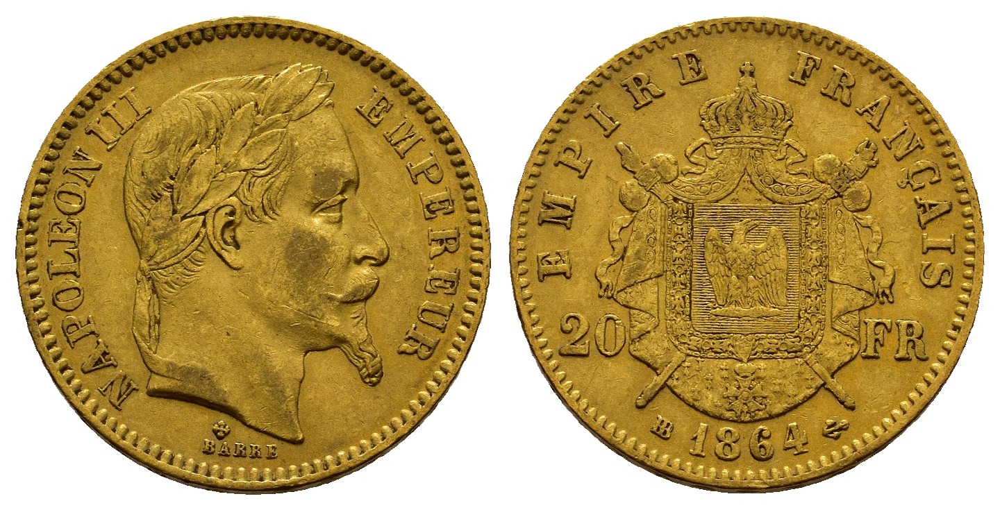 PEUS 7452 Frankreich 5,81 g Feingold. Napoleon III. (1852-1870) 20 Francs GOLD 1864 BB Straßbur Sehr schön