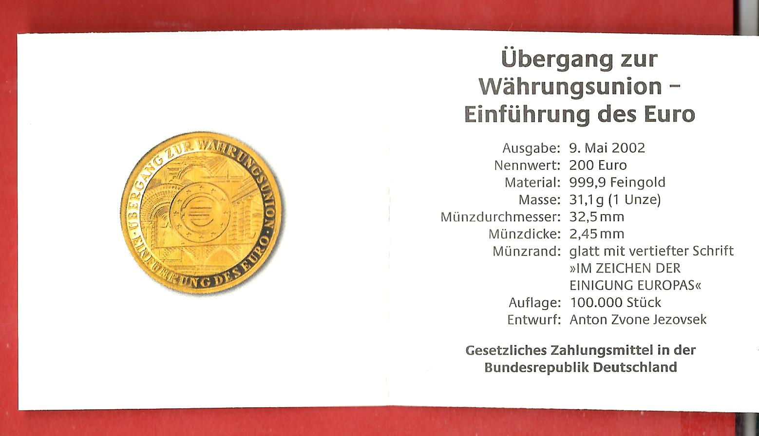  Sonderangebot Original Zertifikat 200€ Brd 2002 Golden Gate Münzenankauf Koblenz Frank Maurer j216   