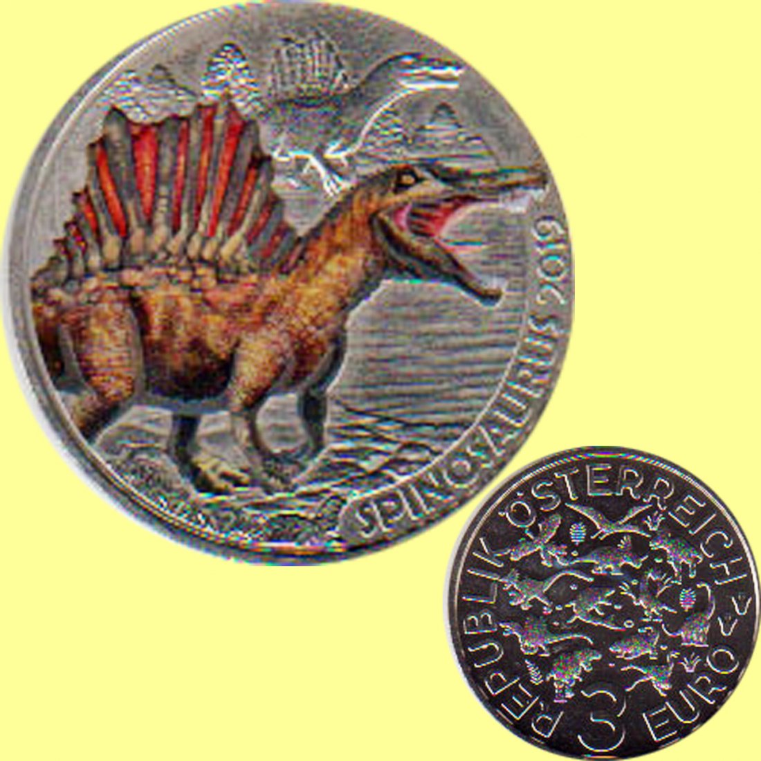  Offiz. 3-Euro-Farbmünze Österreich *Spinosaurus aegyptiacus* 2019 Nachtaktive Münzen   