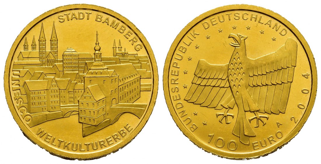 PEUS 7649 BRD 15,55 g Feingold. Stadt Bamberg OHNE Etui + Zertifikat 100 Euro GOLD 2004 A Kl. Kratzer, fast Stempelglanz