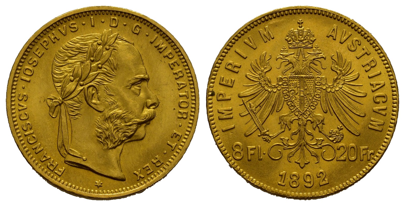 PEUS 7725 Österreich 5,81 g Feingold. Franz Joseph I. (1848 - 1916) 8 Gulden (NP) GOLD 1892 Stempelglanz