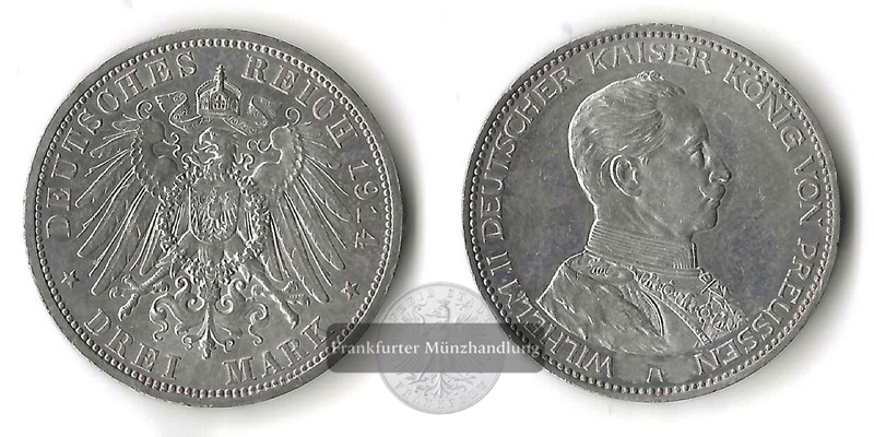  Preussen, Kaiserreich  3 Mark  1914 A  Wilhelm II. in Uniform  FM-Frankfurt Feinsilber: 15g   