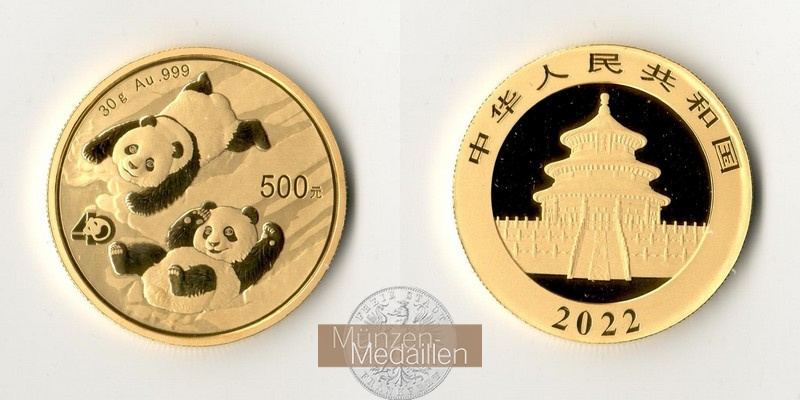 China  500 Yuan MM-Frankfurt Feingold: 30g Panda 2022 
